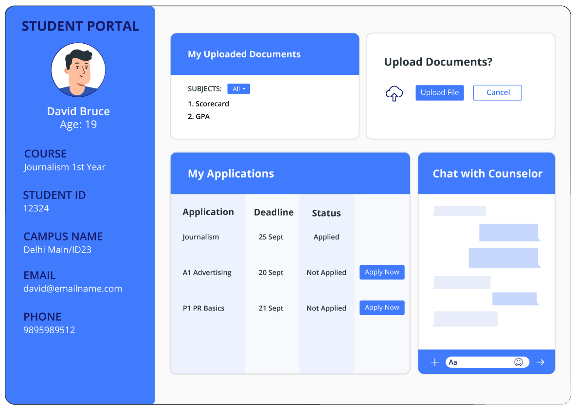 A one stop dashboard to view the complete student journey including application statuses, pending, and completed payments and more. 