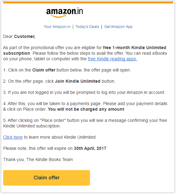 Drip Marketing Campaign - Amazon Kindle subscription