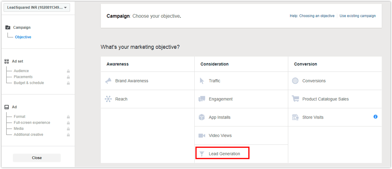Facebook Lead Ads - objective