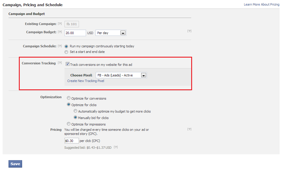 How to set up Facebook Conversion Tracking? 10 campaign pricing and schedule of FB ad 1