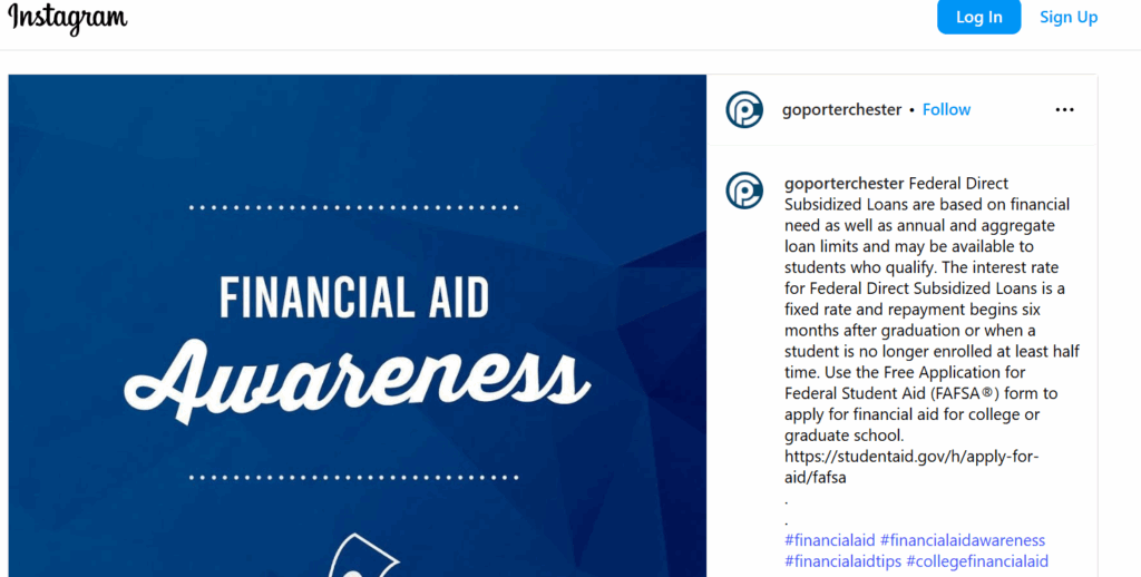 12 Social Media Marketing Strategies for Higher Education & Tools to Use in 2025 2 Porter and Chester Institute Financial Aid Instagram Post