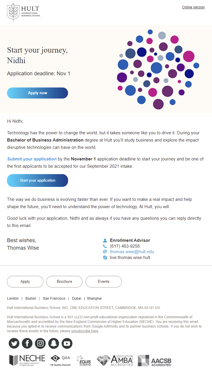 Hult International Business School - application reminder email