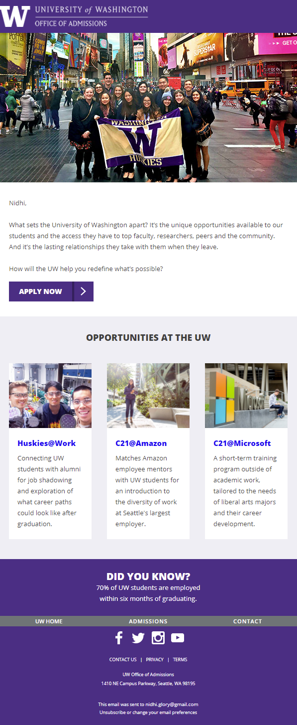 University of Washington - proespective student engagement email