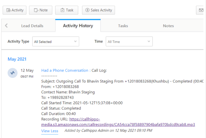 activity history of the call