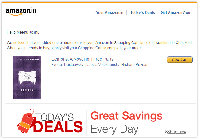 Amazon Cart abandonment email
