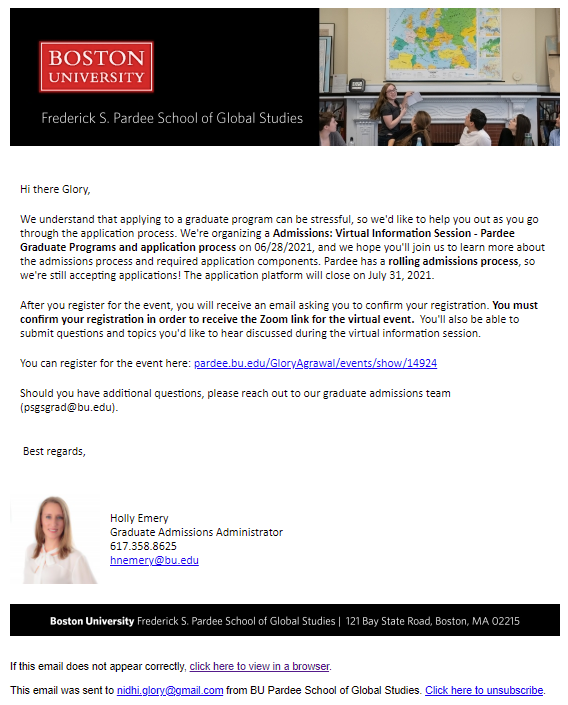 Boston University - virtual information session email