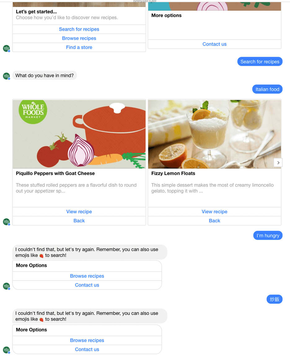 Whole Foods customer engagement through chatbots