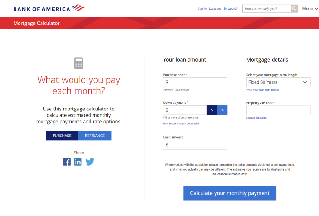 mortgage calculator - Bank of America