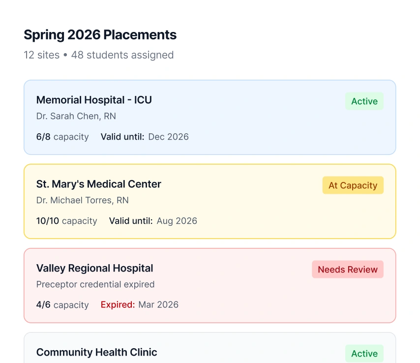 clinical placement workflow card